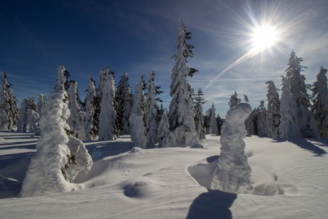 6. 2. 2019. Dole hustá mlha, poklice mraků nad hlavou a tady žhavá koule nad hlavou.